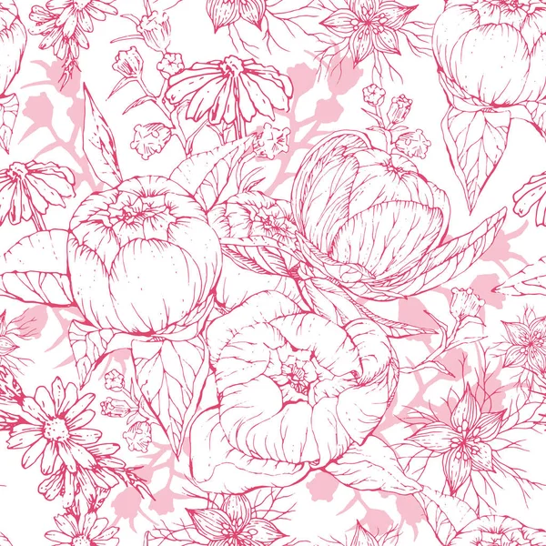 Nahtloses monochromes Muster mit handgezeichneten Pfingstrosen und Kamillenblüten lizenzfreie Stockillustrationen