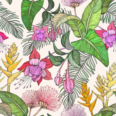 Tropik çiçek ve yapraklarla kusursuz desen. Orman yaprakları ve egzotik bitkiler