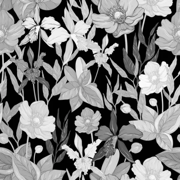 Бесшовный узор с цветами и экзотическими растениями, пастельно-серые цвета на черном фоне — стоковый вектор