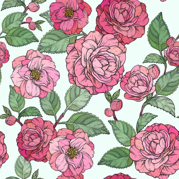 Modello senza cuciture con fiori di Camelia. Collezione di fiori di camelia e rosa. — Vettoriale Stock