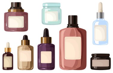 Cam damlaları, krem kavanozları, losyon şişeleri ve serum ambalajı gibi çeşitli kozmetik kapların vektör çizimi. Set temiz şekilleri içeriyor