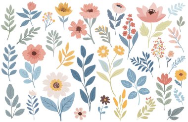 El çizimi pastel çiçekler, yapraklar ve botanik dalların dekoratif vektör koleksiyonu beyaz arka planda bireysel elementler olarak düzenlenmiştir. İskandinav renk paleti ve basitleştirilmiş halk şekilleri