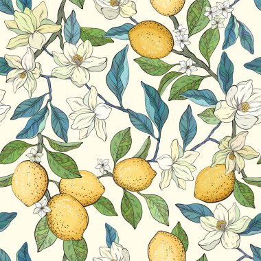 Elle çizilmiş limon dalları, olgun narenciye meyveleri, beyaz manolya çiçekleri ve açık arkaplanda yeşil yapraklar içeren kusursuz vektör deseni. Klasik bir havası olan dekoratif botanik tarzı.