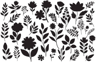 Çiçekler, yapraklar ve beyaz arka planda izole edilmiş botanik dallardan oluşan siyah çiçekli siluetlerin minimalist vektör koleksiyonu
