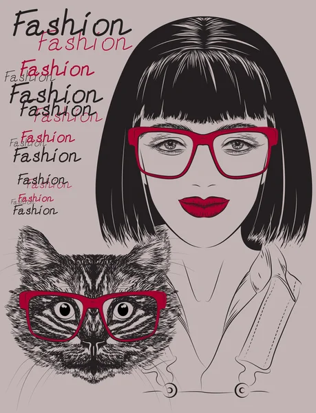 Moda gato e menina em óculos vermelhos —  Vetores de Stock