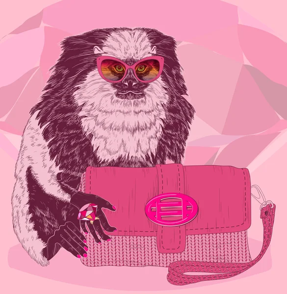 Marmoset de moda glamurosa con cartera rosa — Vector de stock