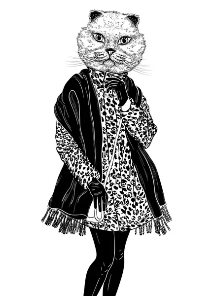 Fashion Hipster cat portrait (black and white) — Stock Vector