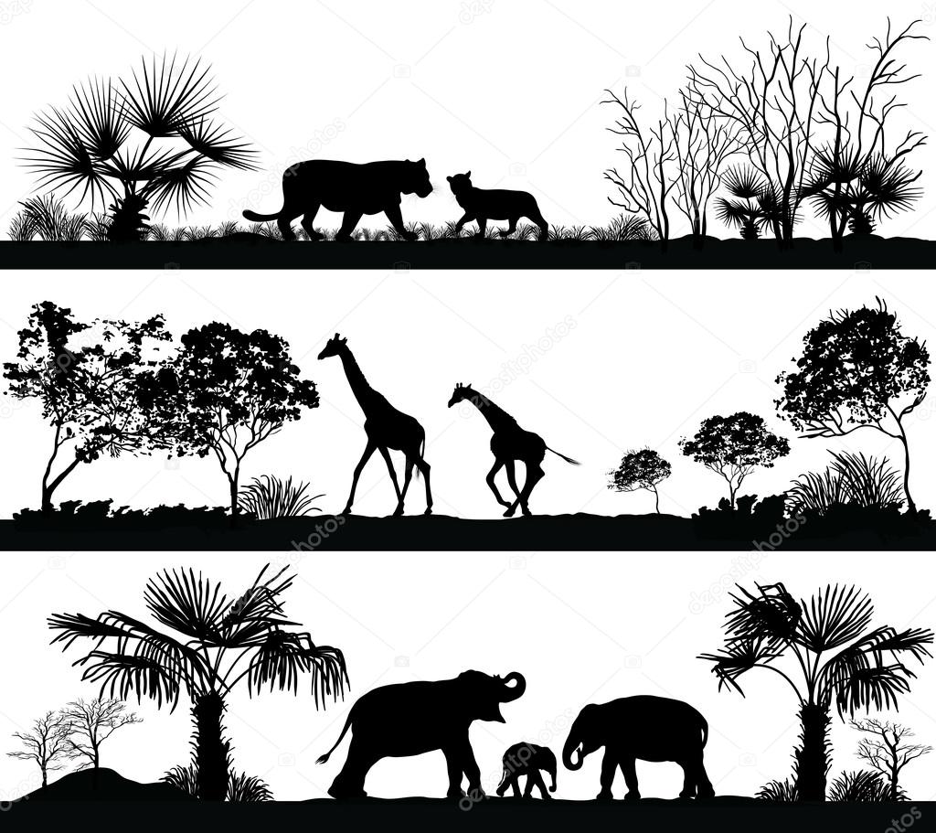 wild animals (giraffe, elephant, lion) in different habitats