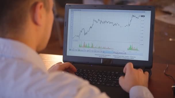 Der junge Geschäftsmann mit Blick auf die Größenordnung seines Einkommens am Laptop — Stockvideo