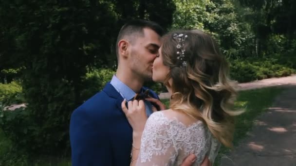美丽的夫妇在亲吻在公园里的爱 — 图库视频影像