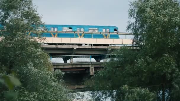 Metro train going over the bridge — Stock Video