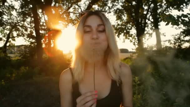 Menina bonita soprando dente-de-leão no prado ao pôr do sol — Vídeo de Stock