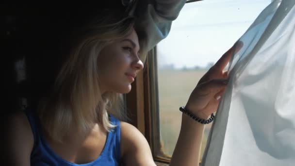 Девушка путешествует в поезде, глядя в окно — стоковое видео
