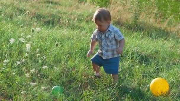 Az egy éves aranyos fair-fej fiú az első lépéseket teszi — Stock videók