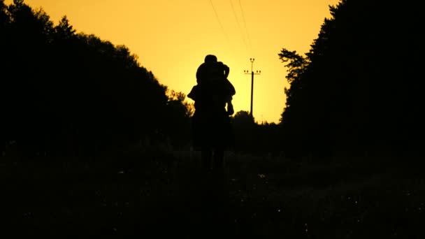 Silhouette glückliche Mutter drehte sich mit Kind im Arm bei Sonnenuntergang in Zeitlupe — Stockvideo