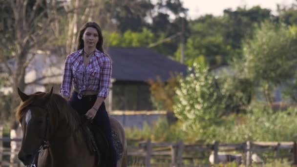 Hermosa chica montando un caballo en el campo en cámara lenta — Vídeos de Stock