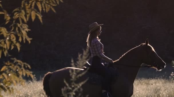 Vacker flicka som rider en häst på landsbygden i slow motion — Stockvideo