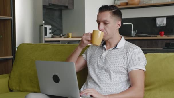 Hombre joven freelancer utilizando el dispositivo portátil en el sofá en la oficina en casa y beber té o café, retrato de un hombre que trabaja a distancia en el ordenador en el apartamento — Vídeo de stock