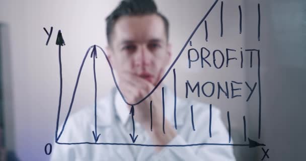 Man ondernemer analyseert de financiële strategie van het zakelijke succes van het schema van een nieuwe startup. Mannelijke zakenman kijkt naar een financiële grafiek en plant toekomstige prestaties. — Stockvideo