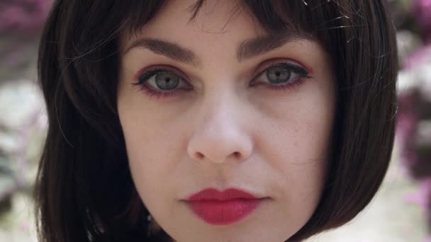 Close-up rosto de mulher morena caucasiana com grandes olhos e lábios vermelhos vestidos em estilo japonês — Vídeo de Stock
