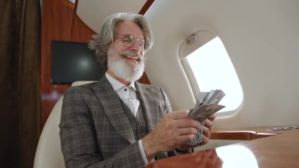 Heureux homme riche senior compte de l'argent tout en volant dans un jet privé. Un millionnaire masculin souriant qui réussit se réjouit de ses profits, raconte en argent comptant, lors d'un vol de première classe — Video