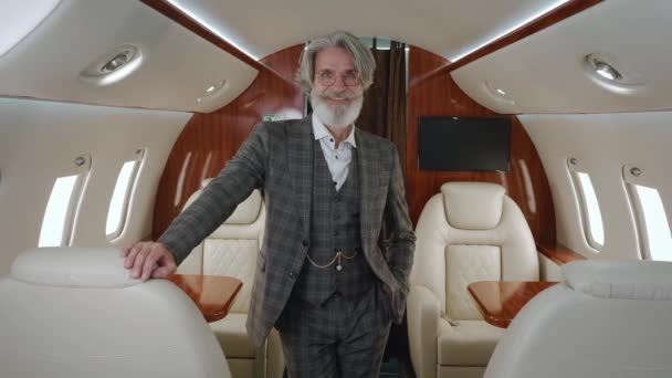 Portret van een stijlvolle senior miljonair in een klassiek pak in een privévliegtuig. Glimlachende CEO zakenman met een baard die naar de camera kijkt bij een bedrijfsvliegtuig. Luxe reizen in prive jet. — Stockvideo