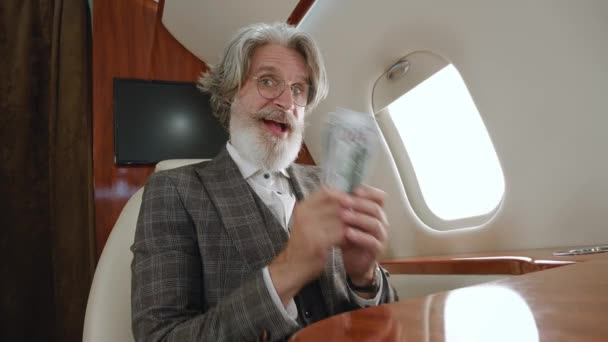 Lykkelig rik mann teller penger mens han flyr i privatfly. Vellykket smilende mannlig millionær gleder seg over profitten, gjenforteller penger under en flyreise på første klasse. – stockvideo