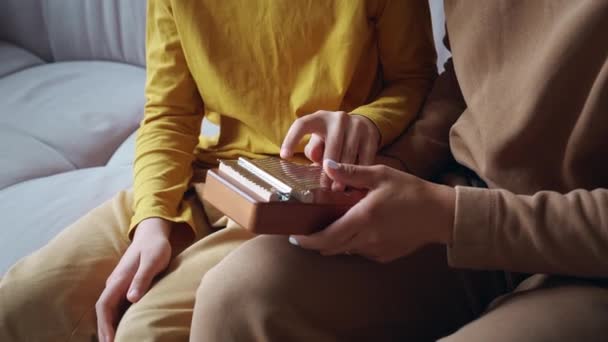 Primo piano di mani femminili che tengono un pollice pianoforte o pianoforte kalimba, e le dita dei bambini che lo suonano. Giocare sulle mani e strappare i denti con i pollici. Strumento musicale tradizionale popolare africano — Video Stock