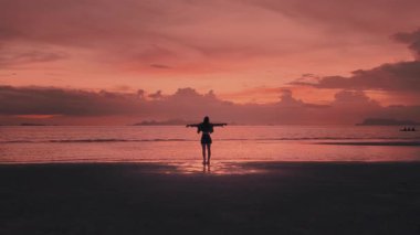 Sinema videosu - Siluet kadın kollarını kaldırıp okyanusun üzerinde inanılmaz günbatımını seyrediyor. Özgürlüğün tadını çıkaran ve güneşin batışını izleyen genç bir kadın.
