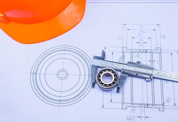 Desenho técnico e paquímetro com rolamento — Fotografia de Stock