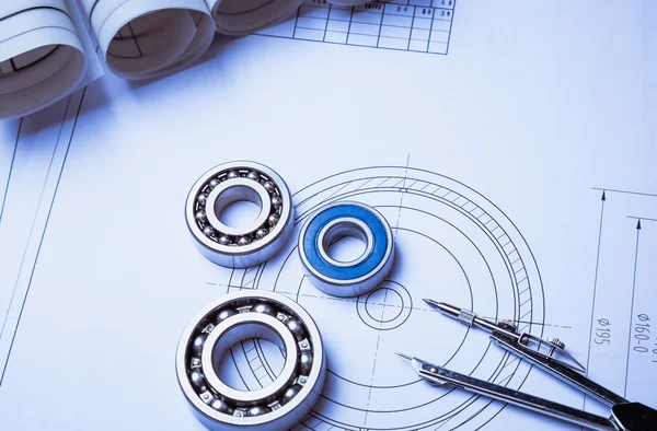 Technical drawing and caliper with bearing — Stock Photo, Image