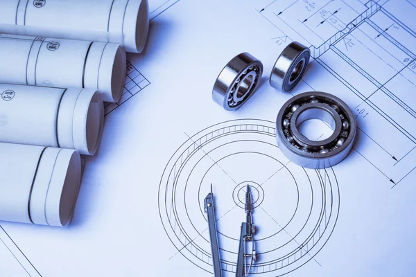 Desenho técnico e paquímetro com rolamento — Fotografia de Stock