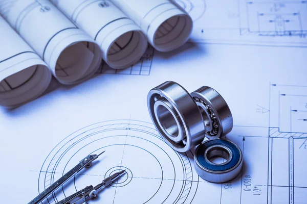 Desenho técnico e paquímetro com rolamento — Fotografia de Stock