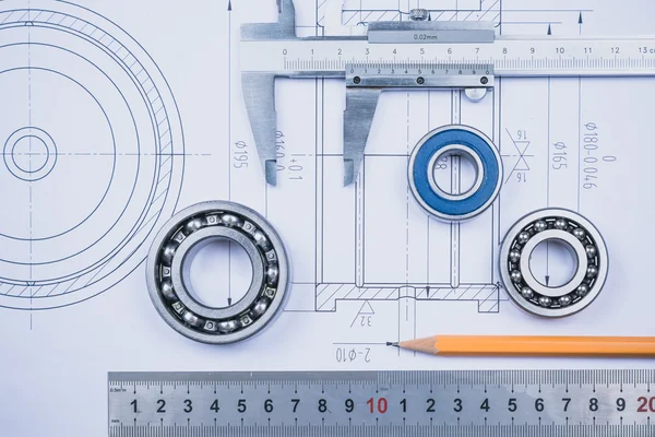 Technical drawing and caliper with bearing — Φωτογραφία Αρχείου