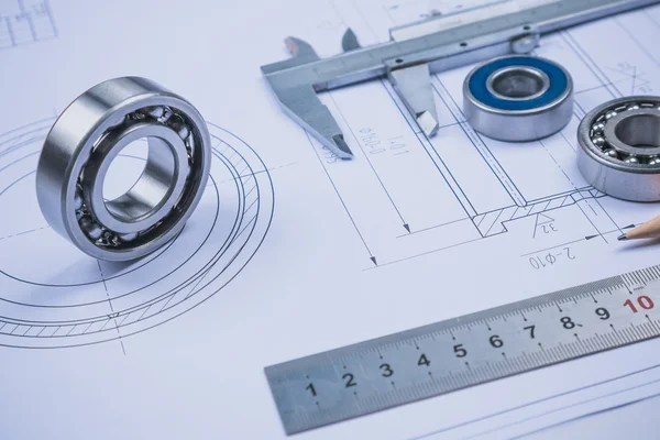 Technical drawing and caliper with bearing — Stock Photo, Image