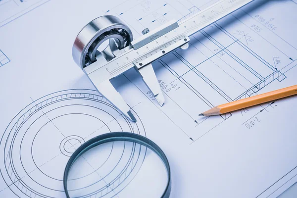 Technical drawing and caliper with bearing — Stock Photo, Image