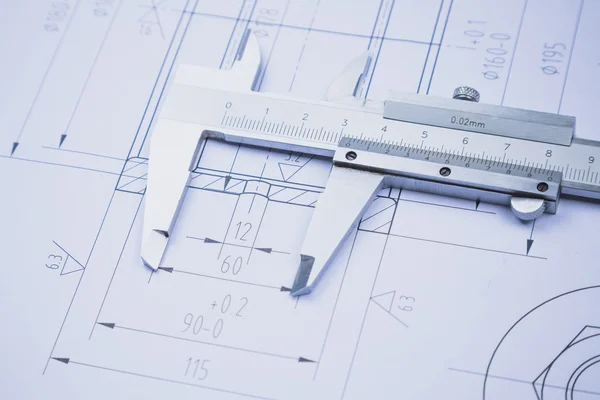 Technical drawing and caliper with bearing — Stock Photo, Image