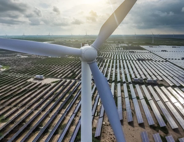 Industrial landscape with different energy resources. Sustainable development. — Stock Photo, Image