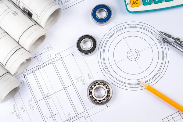 Construction drawings slide caliper roller bearings on blueprint architecture and building concept. — Stock Photo, Image