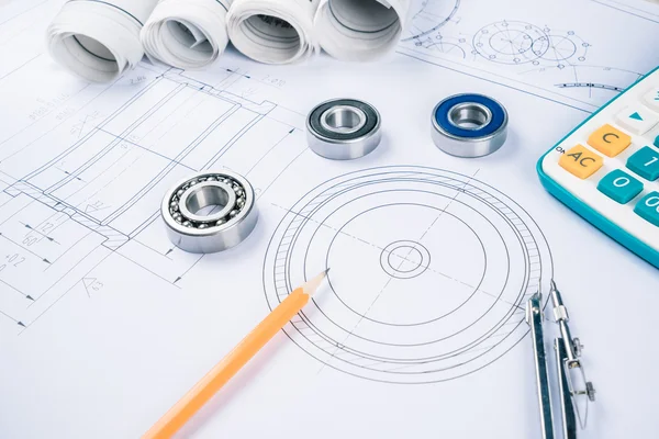 Disegni di costruzione cuscinetti a rulli per pinze scorrevoli su architettura di cianografia e concetto di costruzione . — Foto Stock