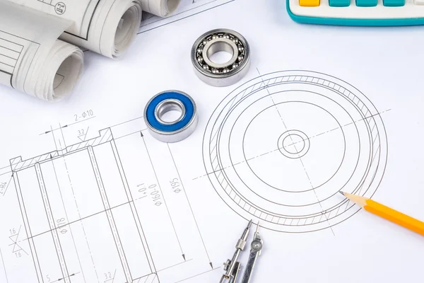 Desenhos de construção rolamentos de rolos de paquímetro deslizante na arquitetura de projeto e conceito de construção . — Fotografia de Stock