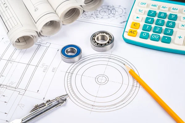 Disegni di costruzione cuscinetti a rulli per pinze scorrevoli su architettura di cianografia e concetto di costruzione . — Foto Stock