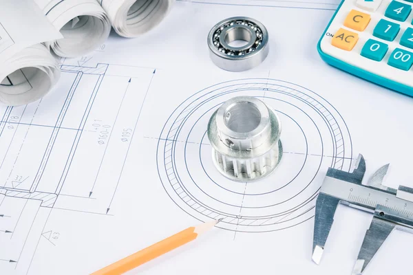 Disegni di costruzione cuscinetti a rulli per pinze scorrevoli su architettura di cianografia e concetto di costruzione . — Foto Stock