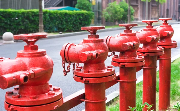 Uma linha de hidrante de fogo vermelho — Fotografia de Stock