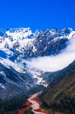 Mt. Gongga(Minya Konka) No.1 buzul yakın çekim. Resimdeki çakılların buzul yüzey var. Sichuan Çin Hailuo vadisinde (Hailuogou) alınan.