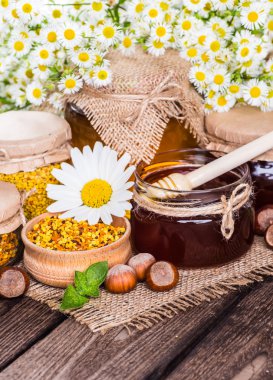 Tatlım, petek, polen ve propolis ile natürmort