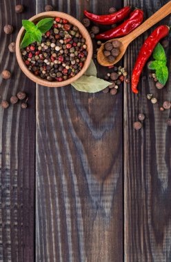 Siyah tahta masa arkaplanındaki kaşıklardaki toz baharatları