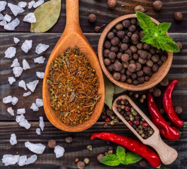 Siyah tahta masa arkaplanındaki kaşıklardaki toz baharatları