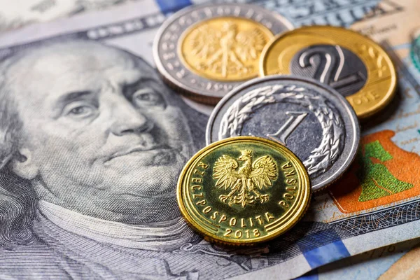 Los Billetes Los Estados Unidos América Las Monedas Polacas Encuentran — Foto de Stock