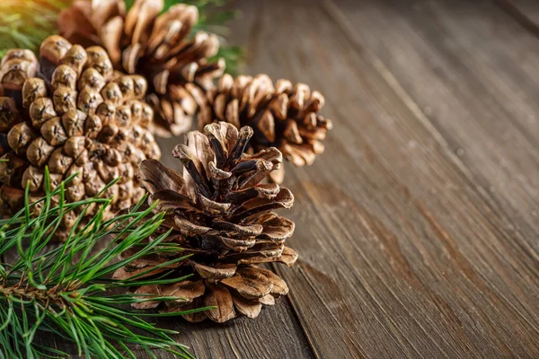 Pine Cone Green Branch Wooden Table Snow Copy Space Text — Stock Photo, Image